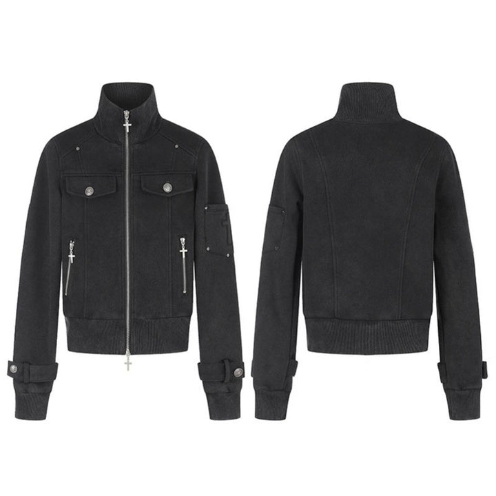 Women Tailored Zip Jacket with High Stand-Up Collar, Decorative Straps & Adjustable Closures Amarae