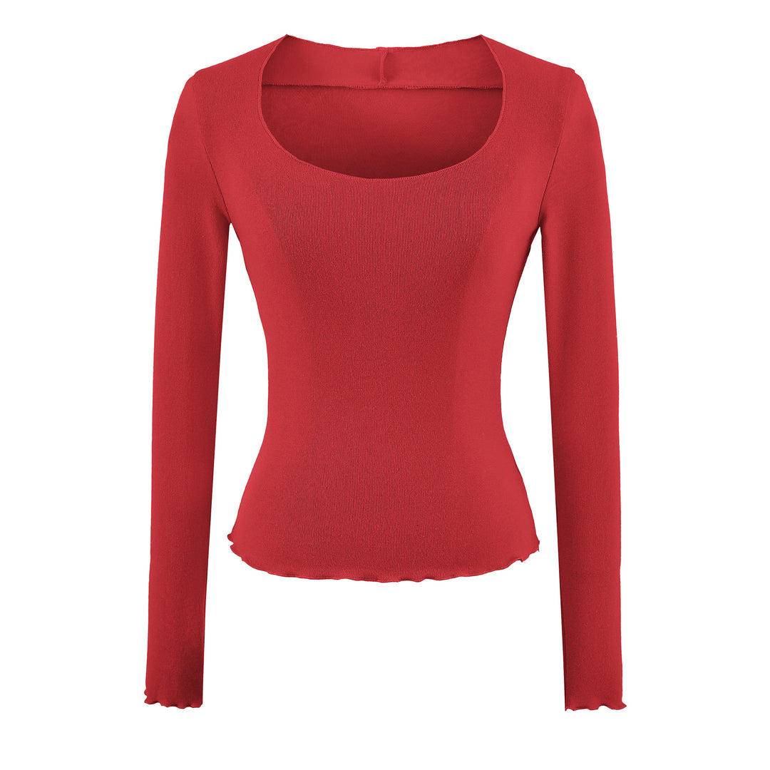 Women Fitted Long Sleeve Fine Knit Top with Square Neckline and Wave Hem Amarae