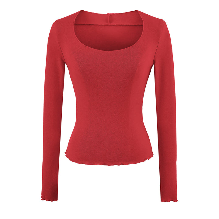 Women Fitted Long Sleeve Fine Knit Top with Square Neckline and Wave Hem Amarae