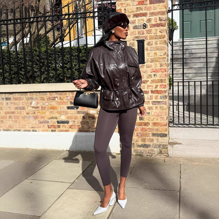Women's Oversize Faux Leather Blouson with High Stand Collar and Waist Drawstring Amarae
