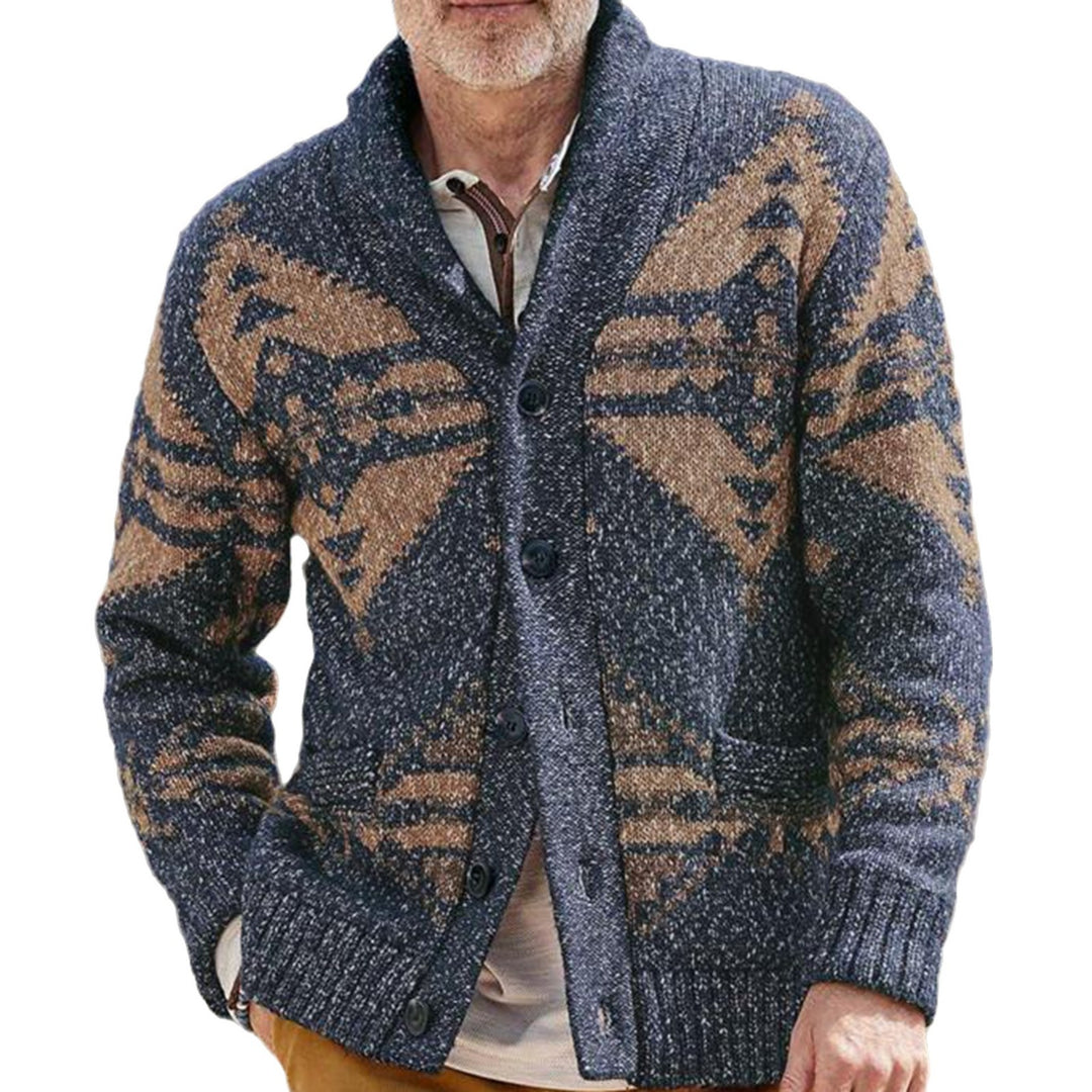 Knit jacket for men with a unique geometric pattern and a deep collar Lune London