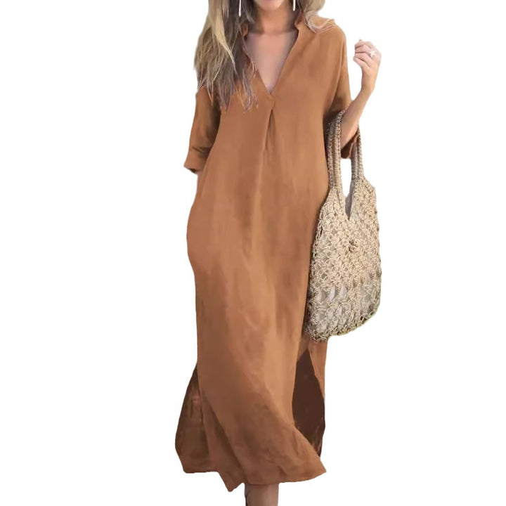 Casual midi dress for women in lightweight material with V-neck and side pockets Lune London