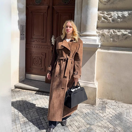 Women Maxi Long Suede Trench Coat with Tied Belt Amarae