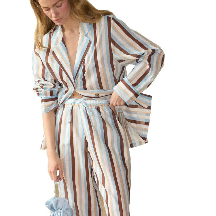 Women's Striped Lightweight Loungewear Set in Viscose with Cropped Shirt & Wide Cord Pants Amarae