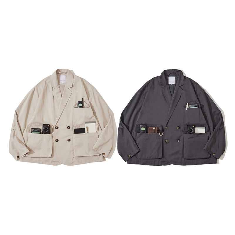 Unisex Boxy Overjacket with double-breasted button placket, large utility patch pockets and short boxy cut Amarae