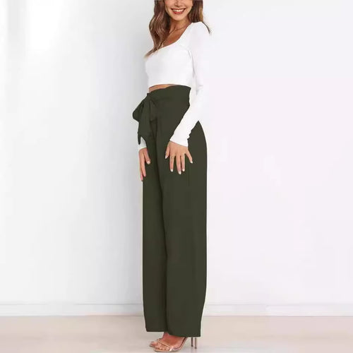 Women Wide Leg Pants with Decorative Tying Belt Amarae