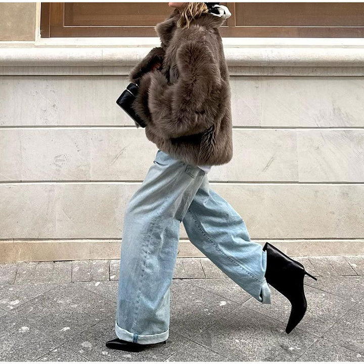 Ladies Faux Fur Jacket with Voluminous Collar Lune London