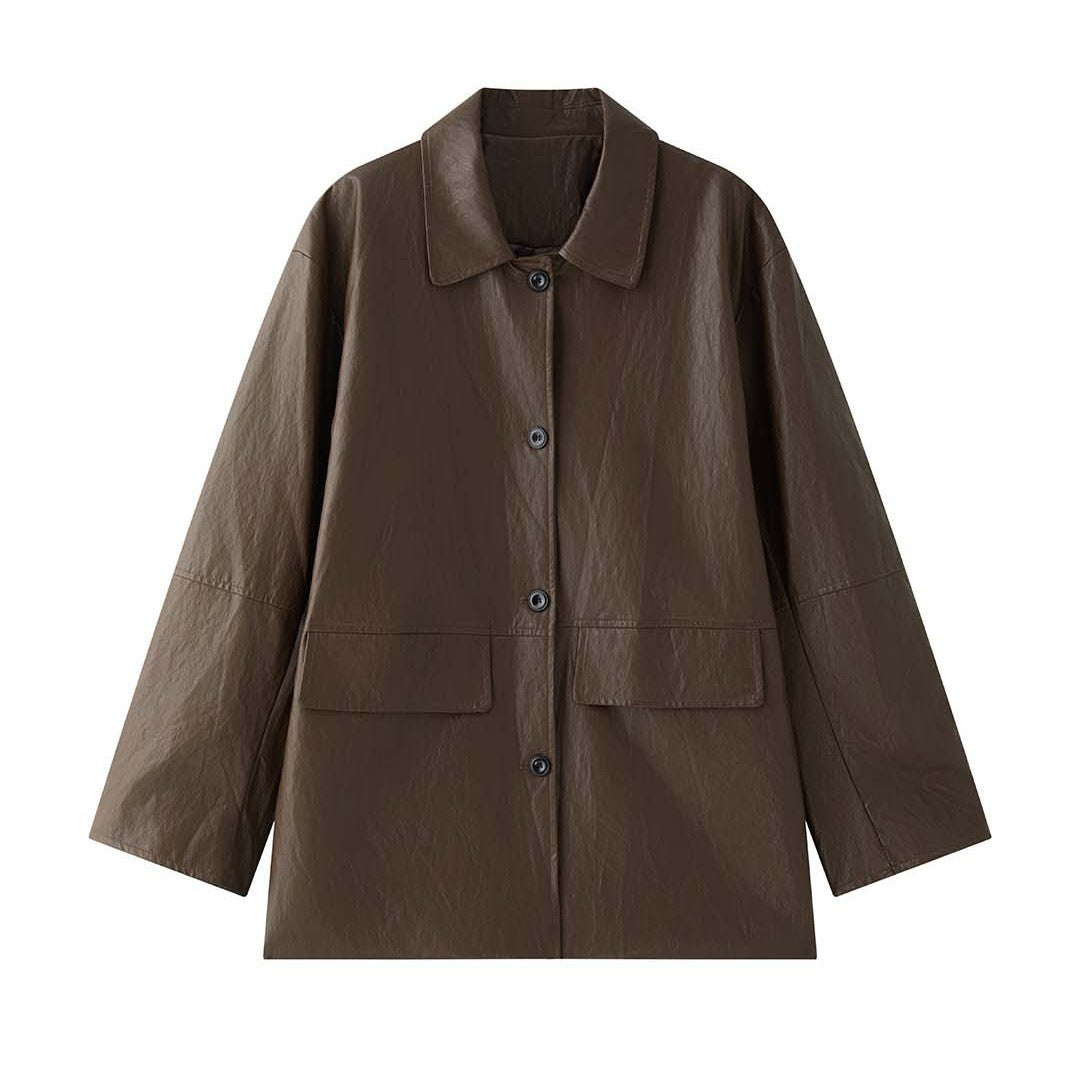 Women's Long Cut Oversized Leather Jacket with Shirt Collar and Patch Pockets Amarae