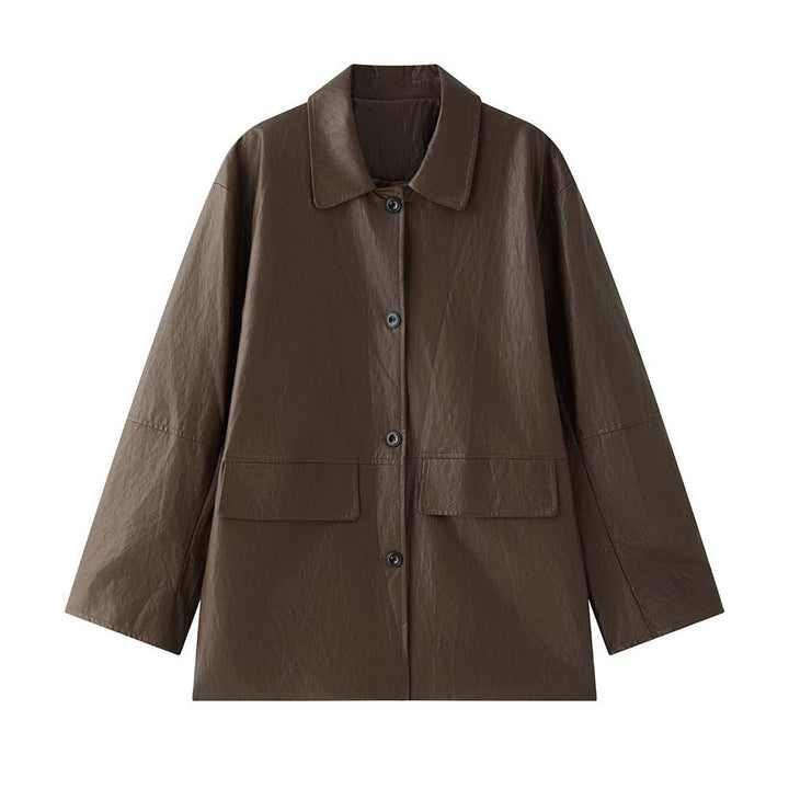 Women's Long Cut Oversized Leather Jacket with Shirt Collar and Patch Pockets Amarae