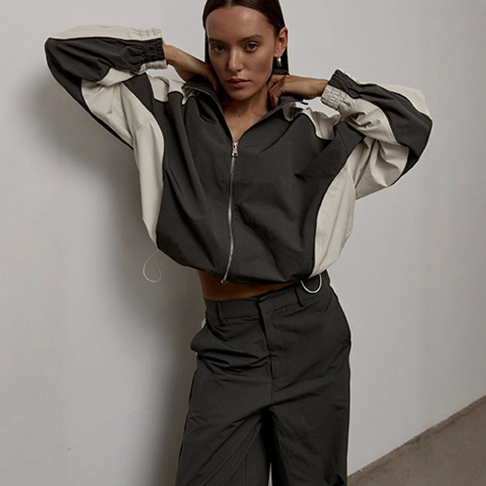 Women's Modern Sports Jacket with High Collar and Contrasting Sleeve Panels