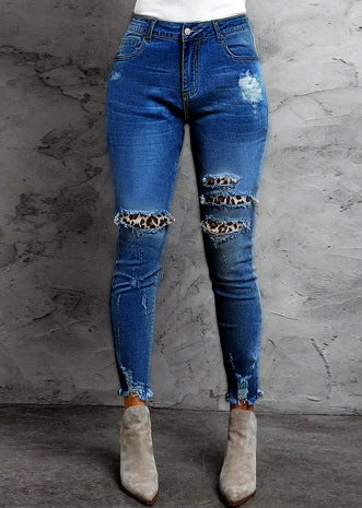 Women Stretch Skinny Jeans with High Waist, Knee Ripped Details and Leo Underlay Amarae