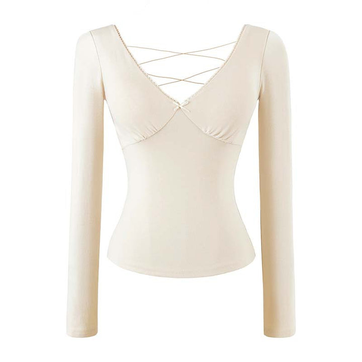 Women's Figure-Hugging Long Sleeve Top with Deep V-Neck, Crossed Spaghetti Straps and Lace Edge