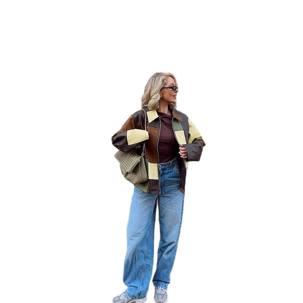Women's Patchwork Leather Jacket with Zipper and Oversized Boxy Cut Amarae