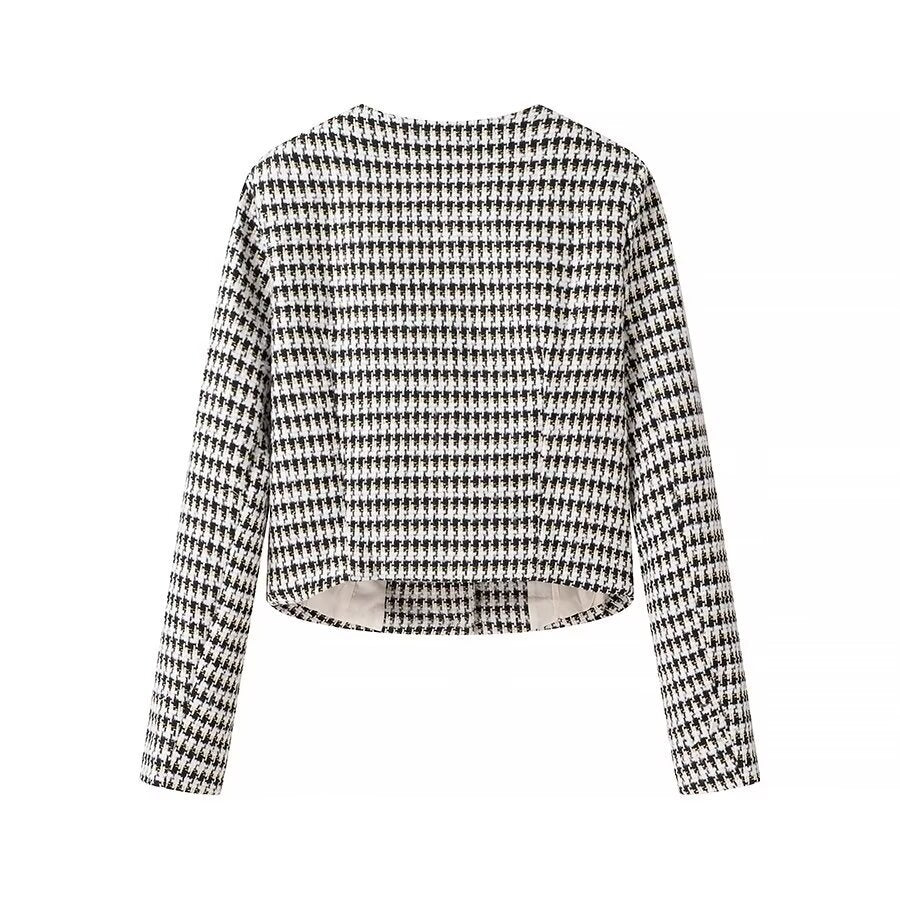 Women Short-Cut Boucle Tweed Blazer with Houndstooth Pattern and Decorative Buttons Amarae