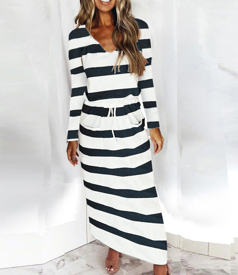 Women's Casual-Elegant Maxi Knit Dress with V-Neck, Drawstring and Side Pockets Amarae
