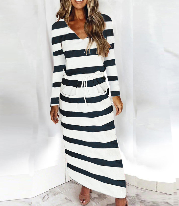 Women's Casual-Elegant Maxi Knit Dress with V-Neck, Drawstring and Side Pockets Amarae