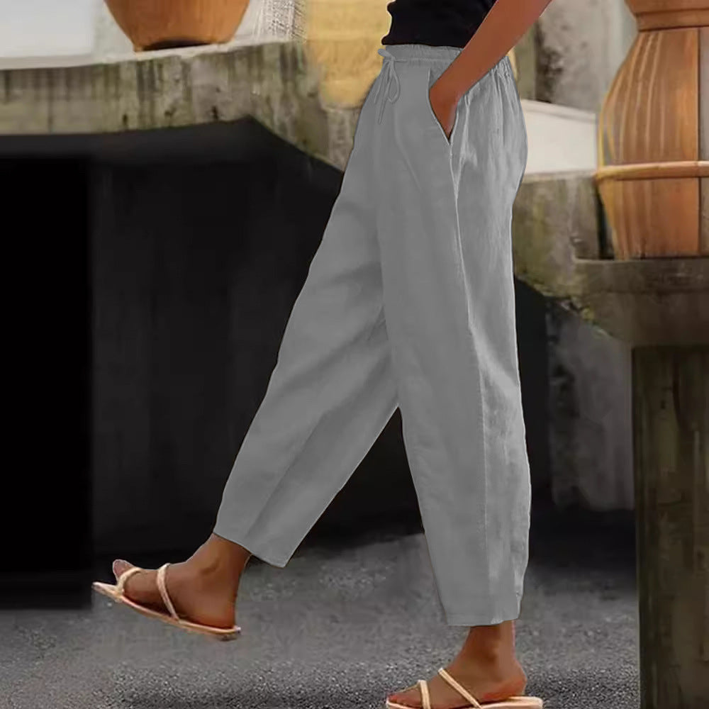Women's Linen Blend Cropped Pants with Elastic Waistband, Drawstring and Side Pockets Amarae