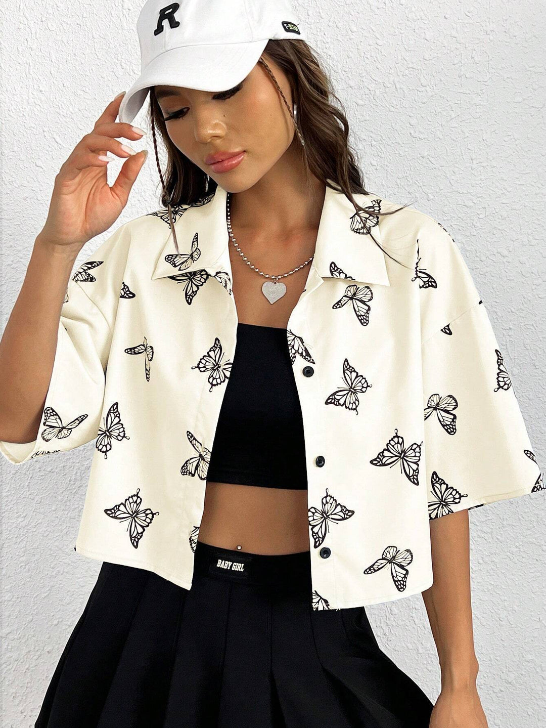 Short sleeve button-up shirt butterfly print Lune London