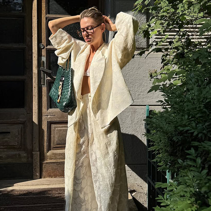 Women Two-Piece Jacquard Pants Set with Oversized Boxy Blazer and High-Cut Palazzo Pants Amarae