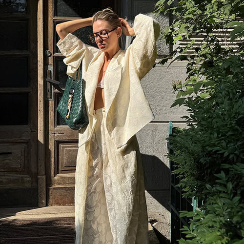 Women Two-Piece Jacquard Pants Set with Oversized Boxy Blazer and High-Cut Palazzo Pants Amarae