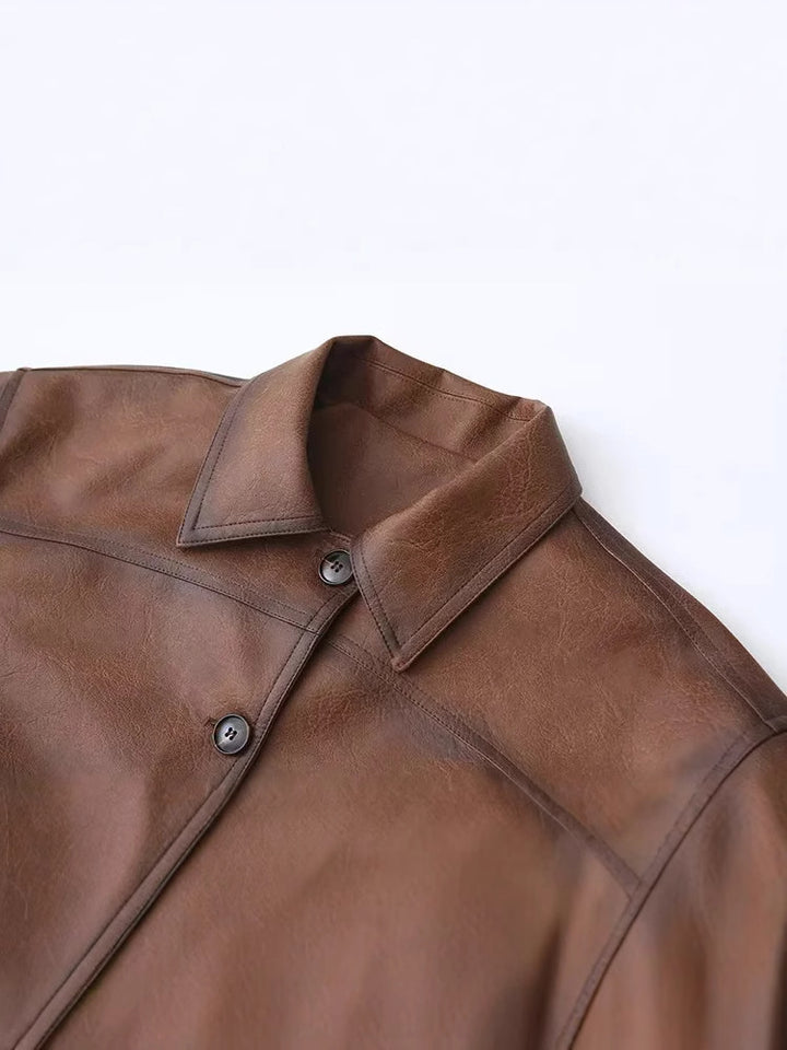 Ladies cropped leather jacket with practical chest pockets and Lune London button details