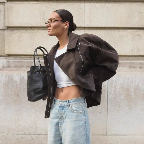 Ladies Fashionable Suede Jacket with Waist Belt Lune London
