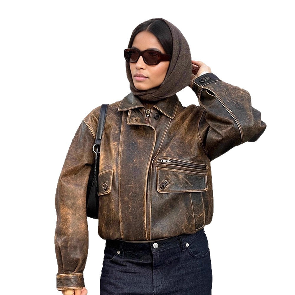 Women Vintage-inspired Oversized Leather Bomber Jacket with Used Look Amarae