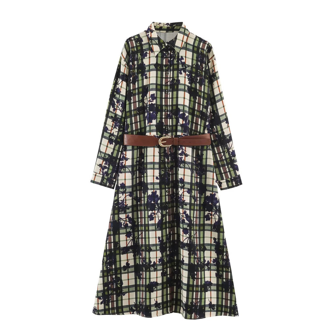 Women's shirt dress with checkered pattern and floral print including a fitted belt Amarae