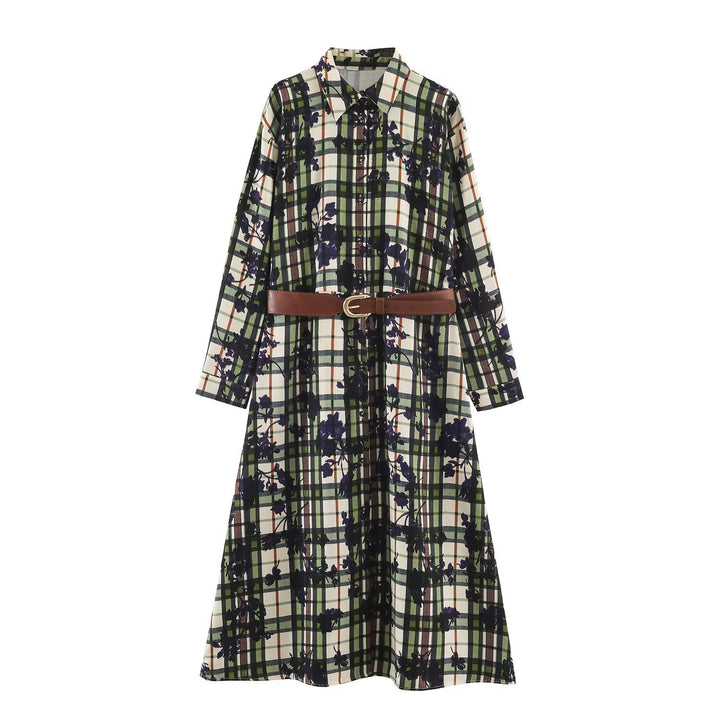 Women's shirt dress with checkered pattern and floral print including a fitted belt Amarae