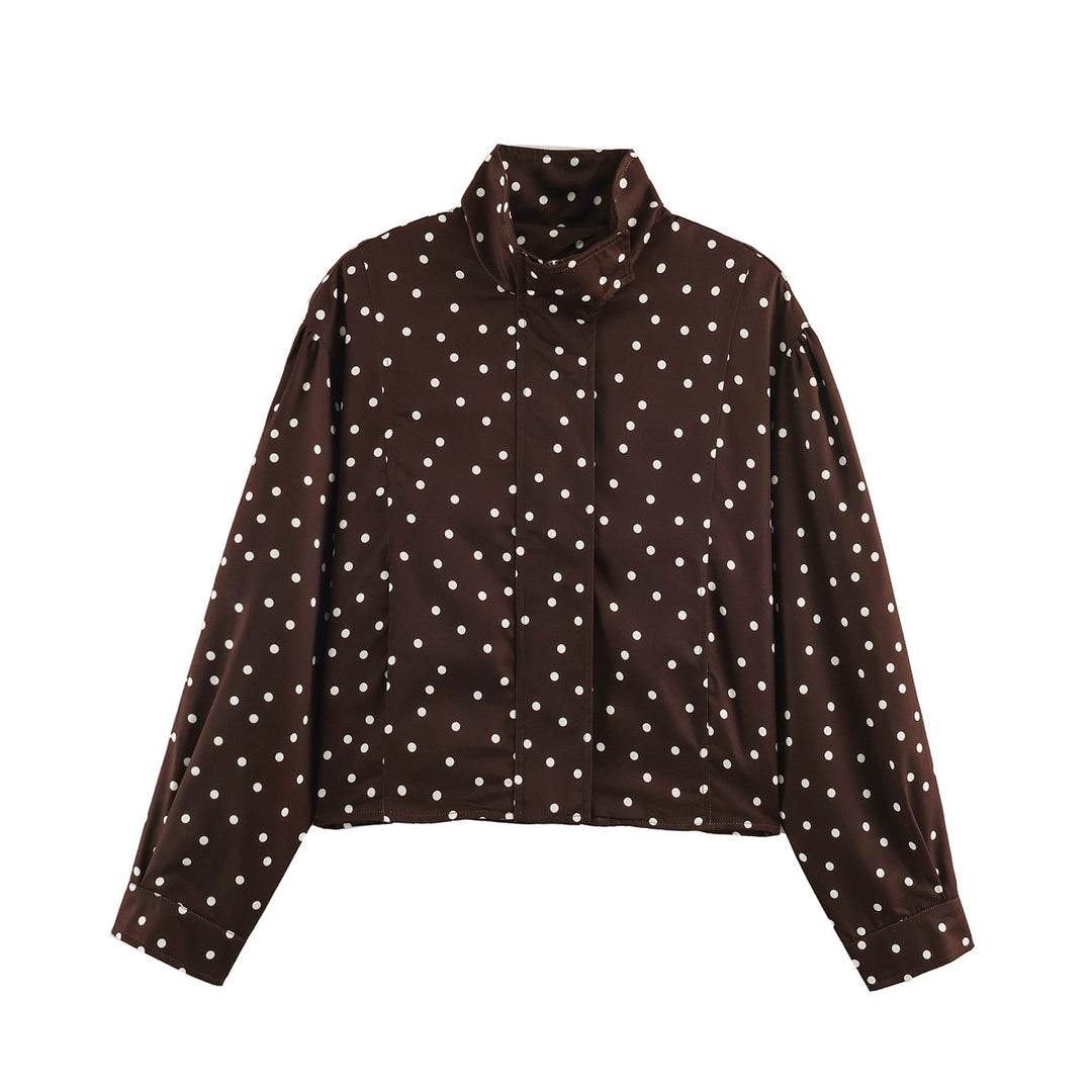 Women's Polka Dot Cropped Blouse with Stand Collar and Concealed Button Placket Amarae