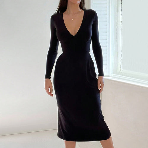 Elegant midi dress for women with deep V-neckline and long sleeves Chic & Stil