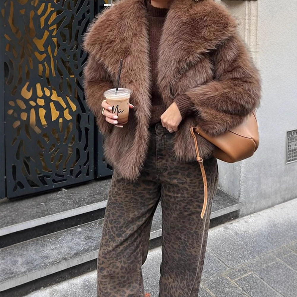 Women Short Voluminous Faux Fur Jacket in Boxy Cut with Large Shawl Collar Amarae