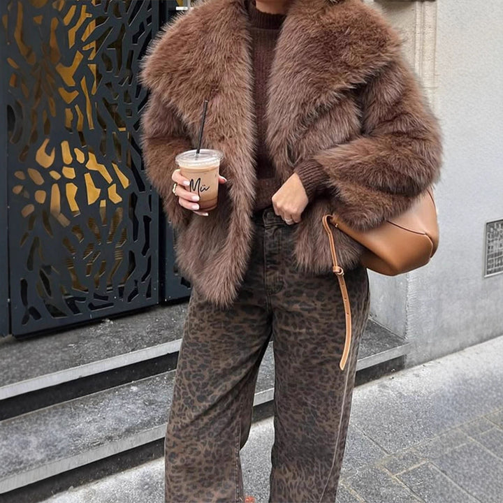 Women Short Voluminous Faux Fur Jacket in Boxy Cut with Large Shawl Collar Amarae