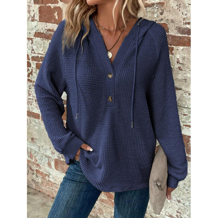 Women Waffle Knit Hoodie with Henley Button Placket and Oversized Cut Amarae