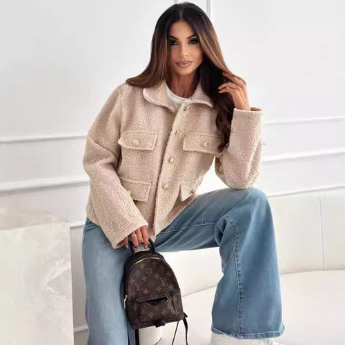 Teddy jacket for women with practical pockets and elegant button details Amarae