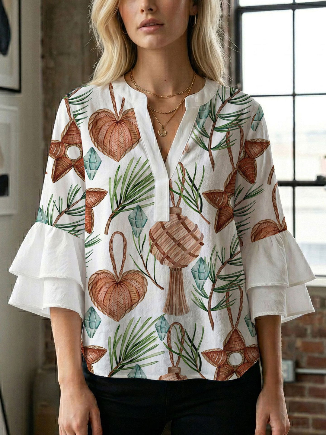 Women's blouse shirt with voluminous sleeves and creative print design Lune London