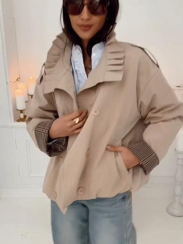 Women's Short Cut Boxy Utility Jacket with Pleated Collar and Check Inner Cuffs Amarae