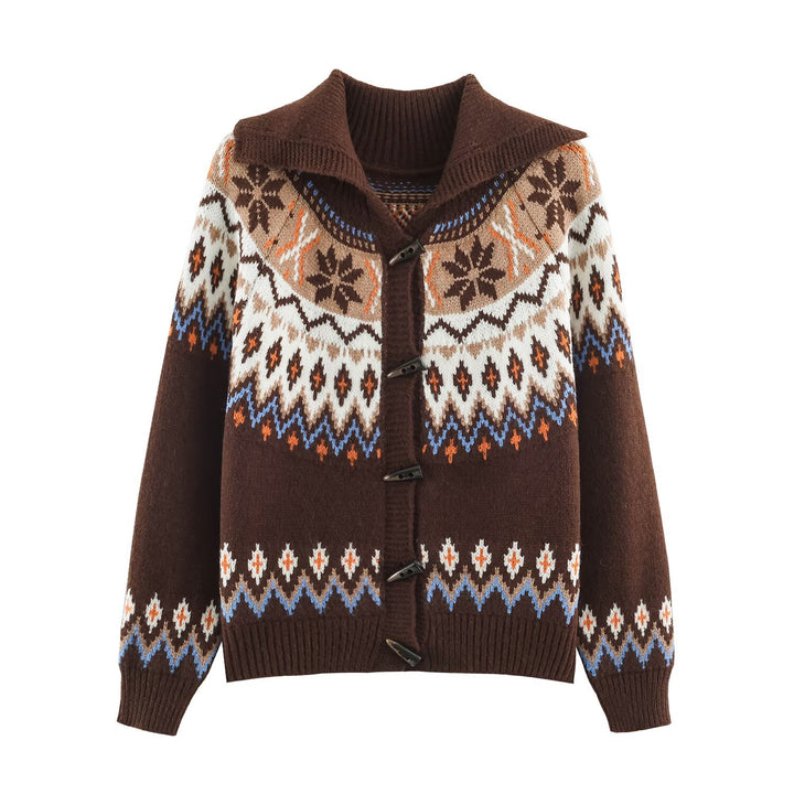 Women Chunky Knit Norwegian Cardigan with Shawl Collar and Horn Button Placket Amarae