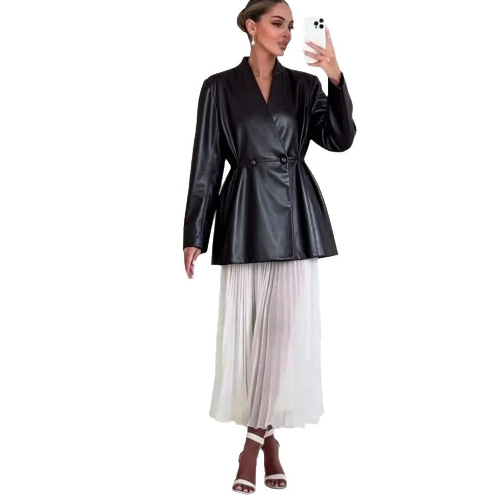 Women's Tailored Faux Leather Wrap Blazer with Flared Hem Amarae