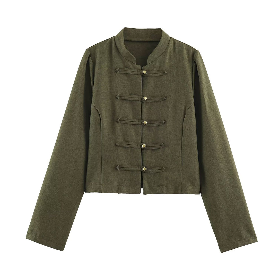 Women’s short jacket in Mandarin style with decorative toggle closures and tailored seam line Amarae