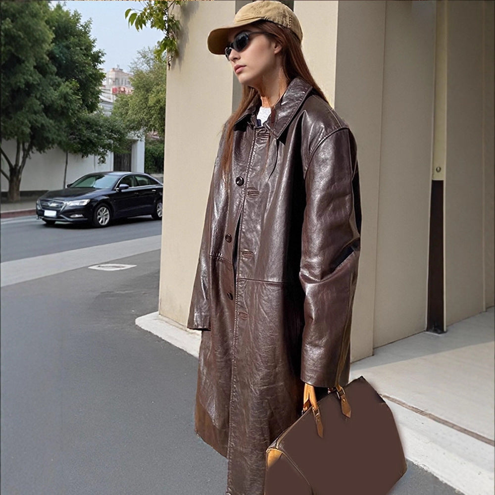 Women's long faux leather coat with double-breasted button placket and oversize fit Amarae