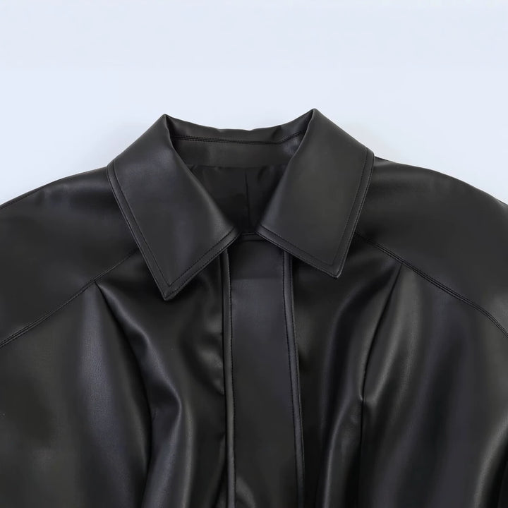 Women's Tailored Vegan Leather Wrap Jacket with Tunnel Drawstring Belt and Oversized Sleeves Amarae