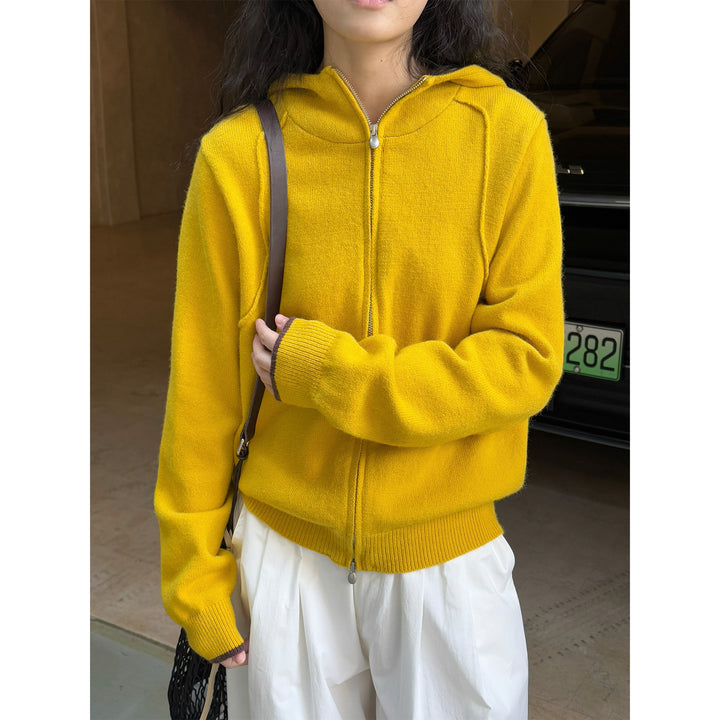 Women's hooded zip cardigan made of fine knit with ribbed hem Amarae