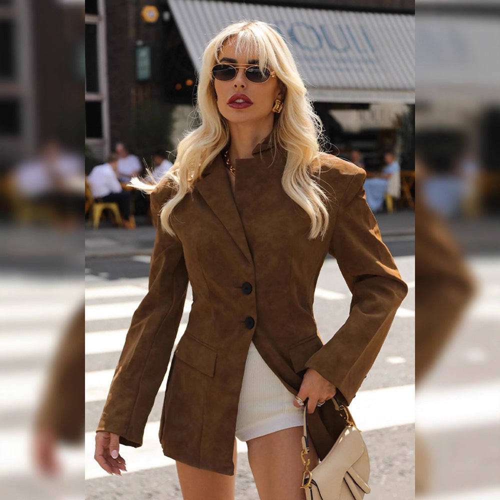 Women's Tailored Suede Leather Suit with Blazer and Mini Skirt, Figure-Shaping Cut