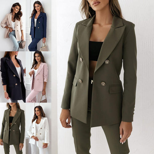 Women Elegant Double-Breasted Blazer with Gold Buttons and Modern Cut Amarae