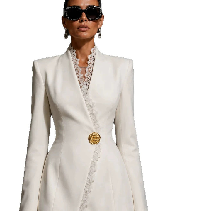 Women's Polka Dot Blazer Dress with Fringed Hem and Detachable Decorative Brooch Amarae