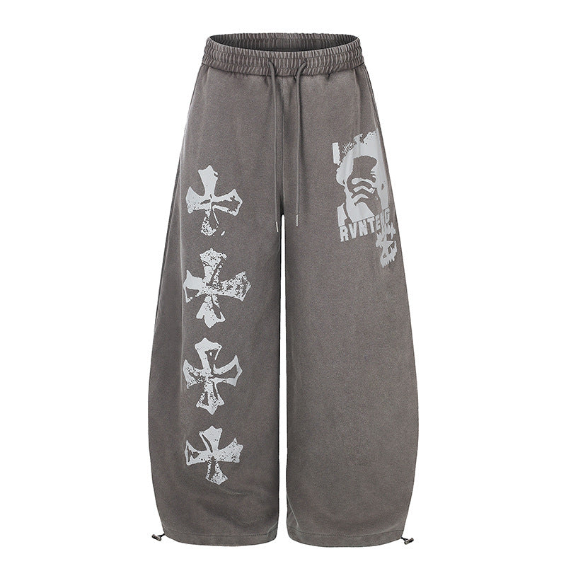 Women's Extra Wide Palazzo Sweatpants with Drawstring Waist, Adjustable Hem, and Gothic Print Amarae