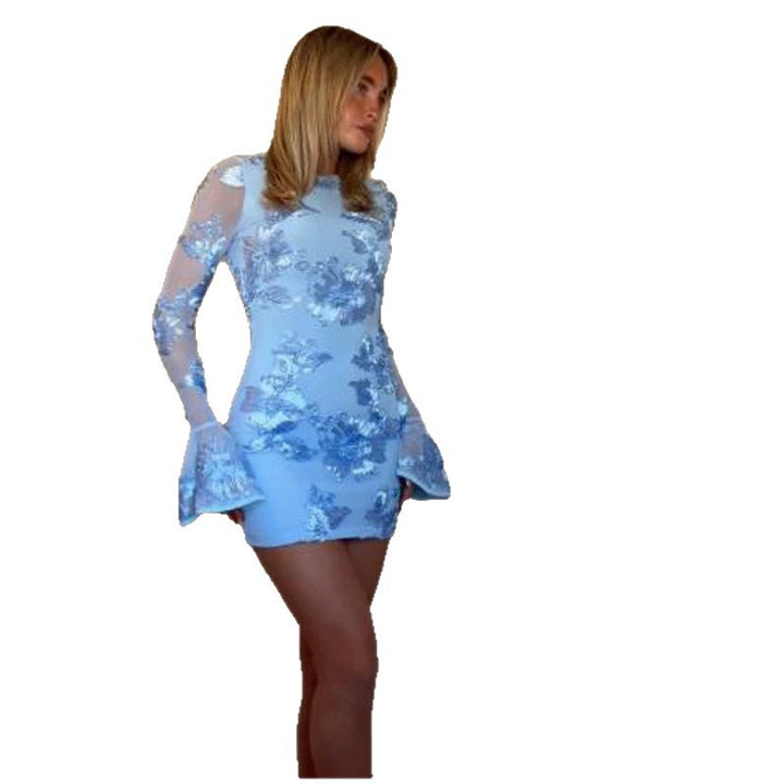 Women's Tight Mini Dress with Floral Lace Applique, Transparent Sleeves and Ruffle Cuffs Amarae