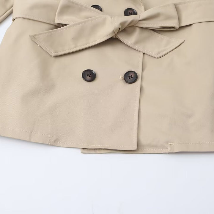Women Cropped Trench Coat with Waist Belt, Wide Lapels and Cape Detail