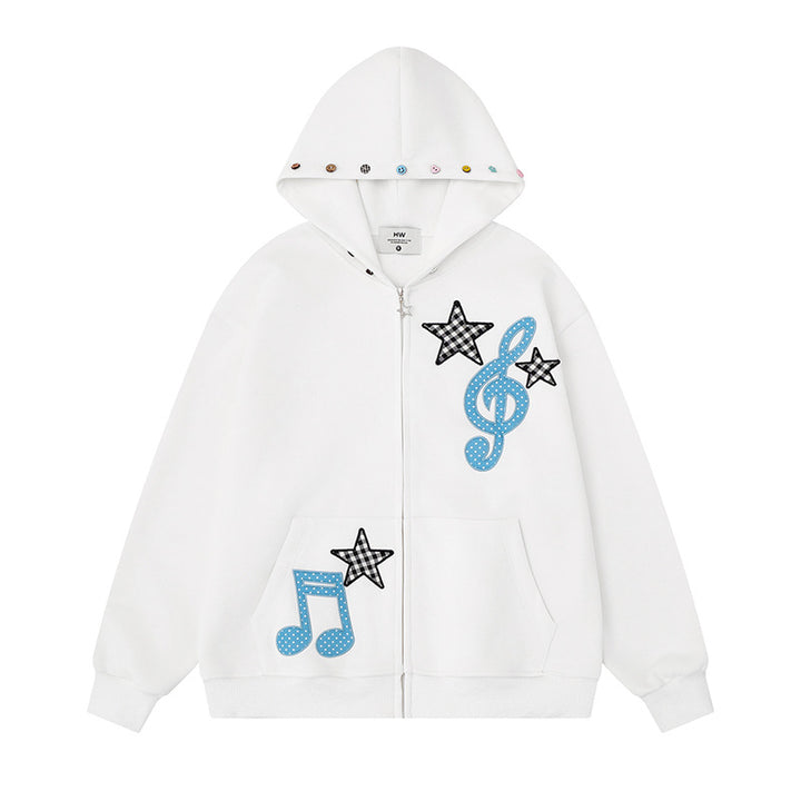 Women's hooded sweat jacket with creative music appliqués, checkered stars and zipper charm Amarae